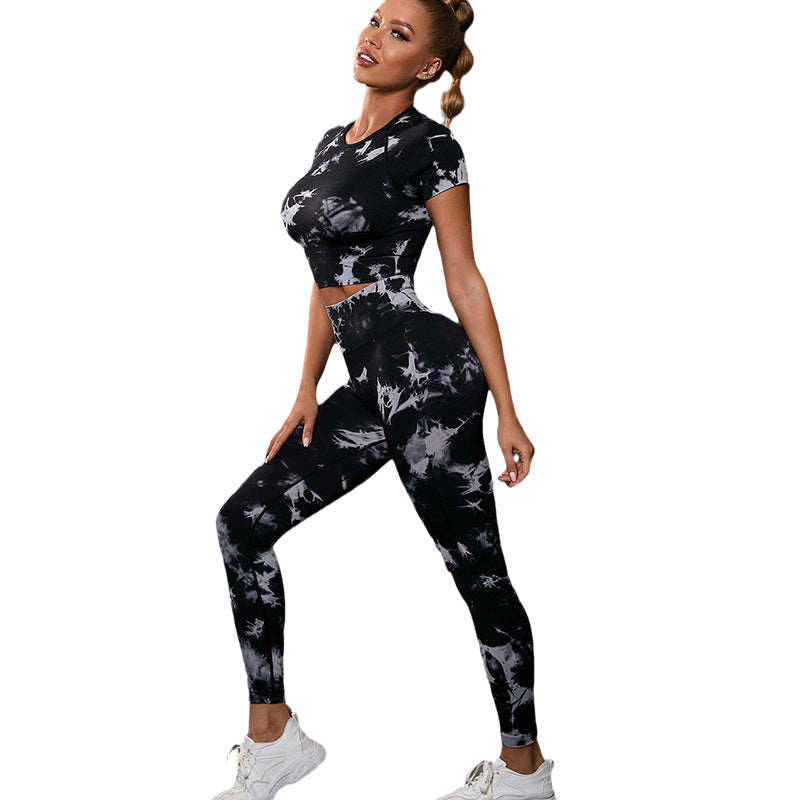 Popular Yoga Clothes Set Wholesale Seamless Tie-dye Yoga Clothes Set Lulu Same Fitness Running Short Sleeves