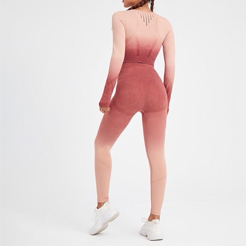 New European and American Spot Hot-selling Seamless Peach Hip Gradual Change Color Sports Suit Long Sleeve Yoga Suit Fitness Clothes Women