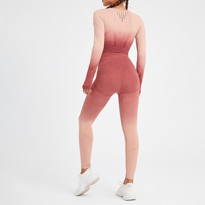 New European and American Spot Hot-selling Seamless Peach Hip Gradual Change Color Sports Suit Long Sleeve Yoga Suit Fitness Clothes Women