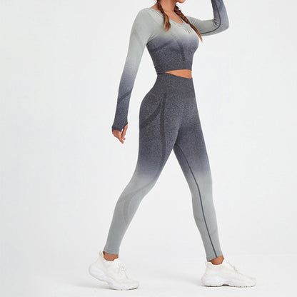 New European and American Spot Hot-selling Seamless Peach Hip Gradual Change Color Sports Suit Long Sleeve Yoga Suit Fitness Clothes Women