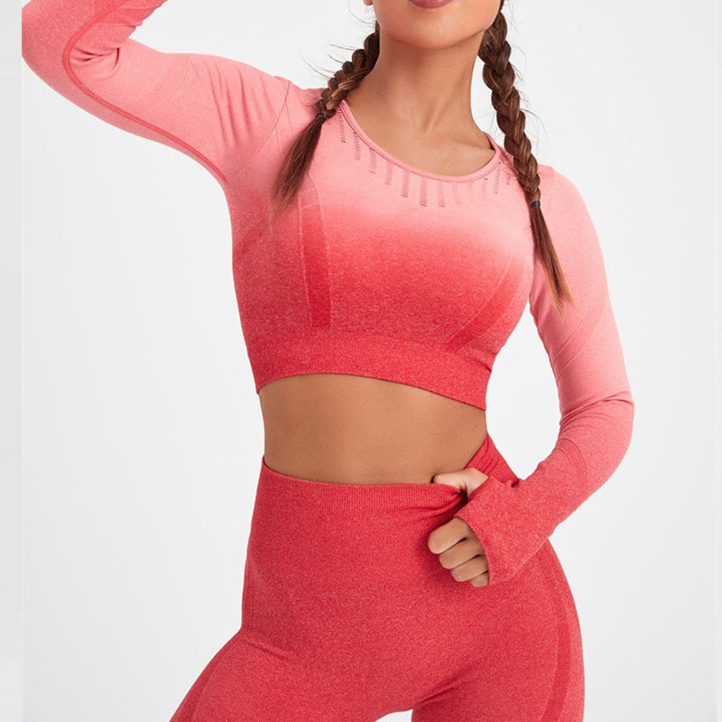 New European and American Spot Hot-selling Seamless Peach Hip Gradual Change Color Sports Suit Long Sleeve Yoga Suit Fitness Clothes Women