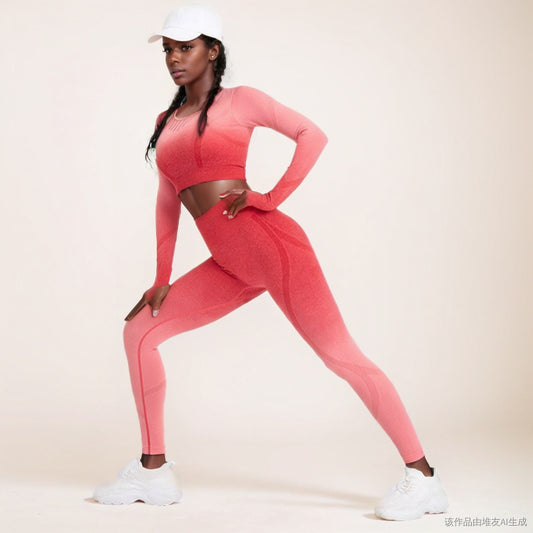 Customized New European and American Seamless Peach Hip Gradual Change Color Sports Suit Long Sleeve Yoga Suit Fitness Clothes Women