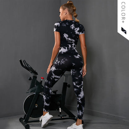 Popular Yoga Clothes Set Wholesale Seamless Tie-dye Yoga Clothes Set Lulu Same Fitness Running Short Sleeves