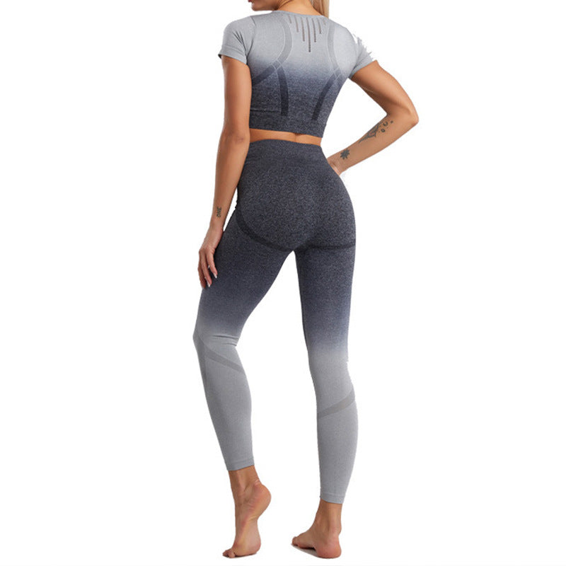 European and American Gradual Change Hanging and Dyeing Seamless Yoga Suit Women's Tight Mesh Sports Quick-drying Short-sleeved Fitness Suit