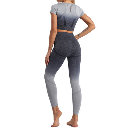 European and American Gradual Change Hanging and Dyeing Seamless Yoga Suit Women's Tight Mesh Sports Quick-drying Short-sleeved Fitness Suit