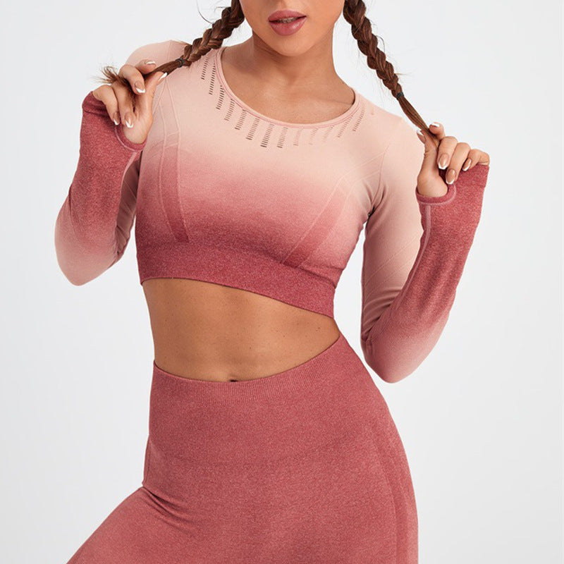 New European and American Spot Hot-selling Seamless Peach Hip Gradual Change Color Sports Suit Long Sleeve Yoga Suit Fitness Clothes Women