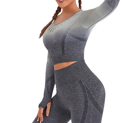 New European and American Spot Hot-selling Seamless Peach Hip Gradual Change Color Sports Suit Long Sleeve Yoga Suit Fitness Clothes Women