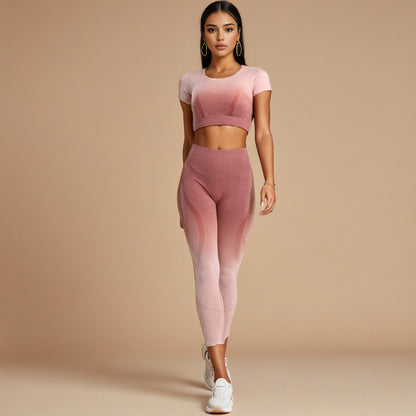 Gradient Seamless Hanging Dyeing Yoga Suit Set Tight Sports Vest Knitted Fitness Wear for Women