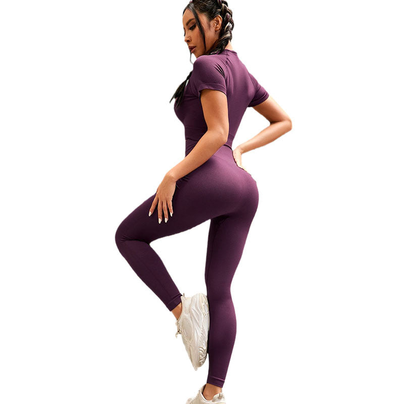 Amazon Sports New Solid Color Sports Yoga Set Summer Pink Yoga Suit Short-sleeved Tight Two-piece Set