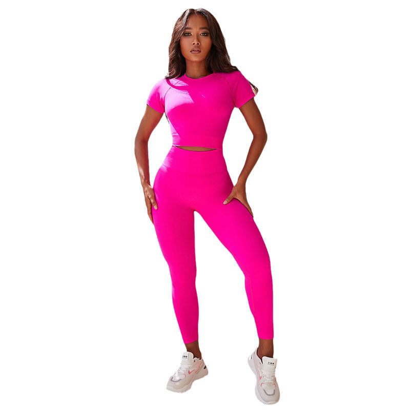 Amazon Sports New Solid Color Sports Yoga Set Summer Pink Yoga Suit Short-sleeved Tight Two-piece Set