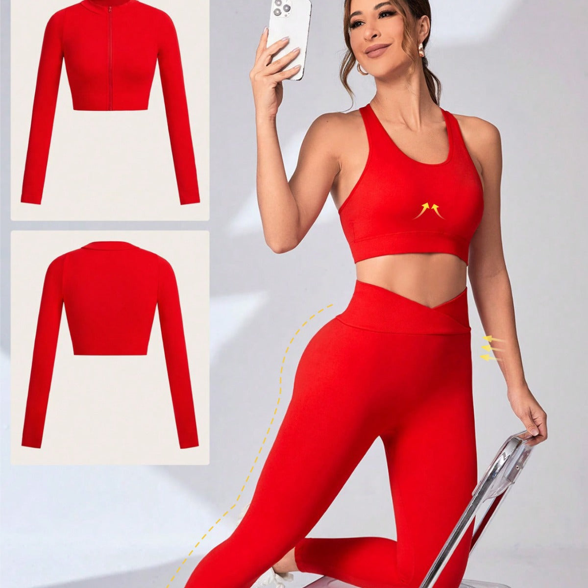 New Yoga Suit, High-end Summer Tight Three-piece Sports Fitness Suit, Women's Suit, Vest, Long-sleeved Trousers.