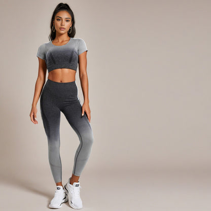 Gradient Seamless Hanging Dyeing Yoga Suit Set Tight Sports Vest Knitted Fitness Wear for Women