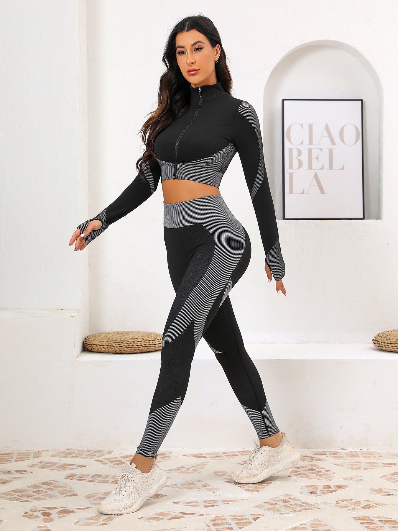 Popular Yoga Suit Set Long Sleeves Trousers Tight Nude Yoga Suit