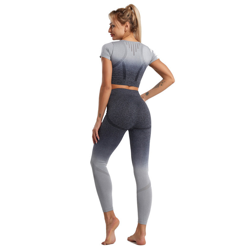 Yoga Clothes Shockproof Sports Short Sleeves High Waist Gradual Change Fitness Clothes Set Girls Summer Hip Lift Women Shapewear