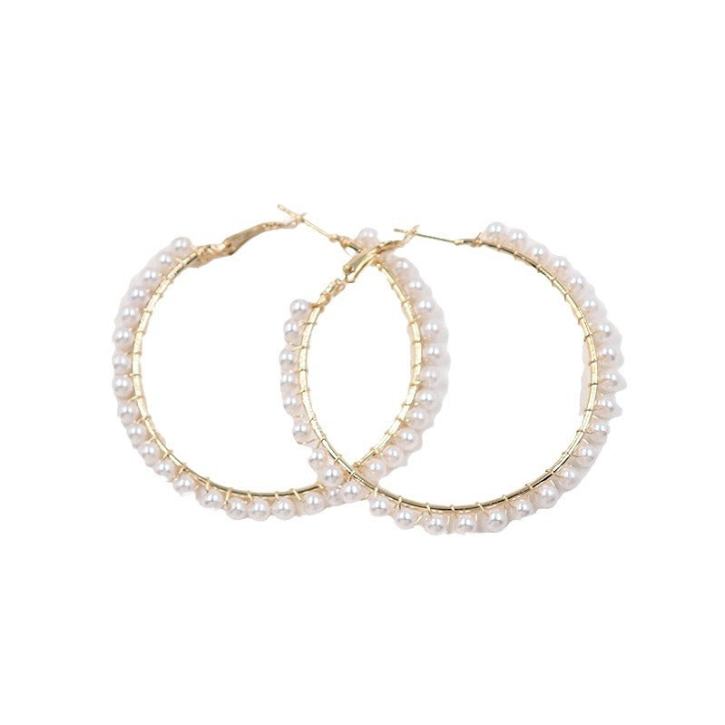 XP17 European and American  Explosion Fashion Geometric Large Circle Earrings Women's Pearl Winding Ear Buckle Exaggerated Temperament Ear
