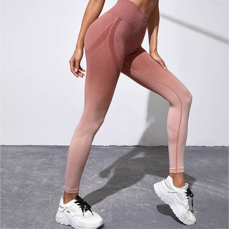 Seamless High Waist Gradual Change Color Hip Fitness Pants Women's Running Sports Tight Quick-drying Peach Hip Yoga Trousers