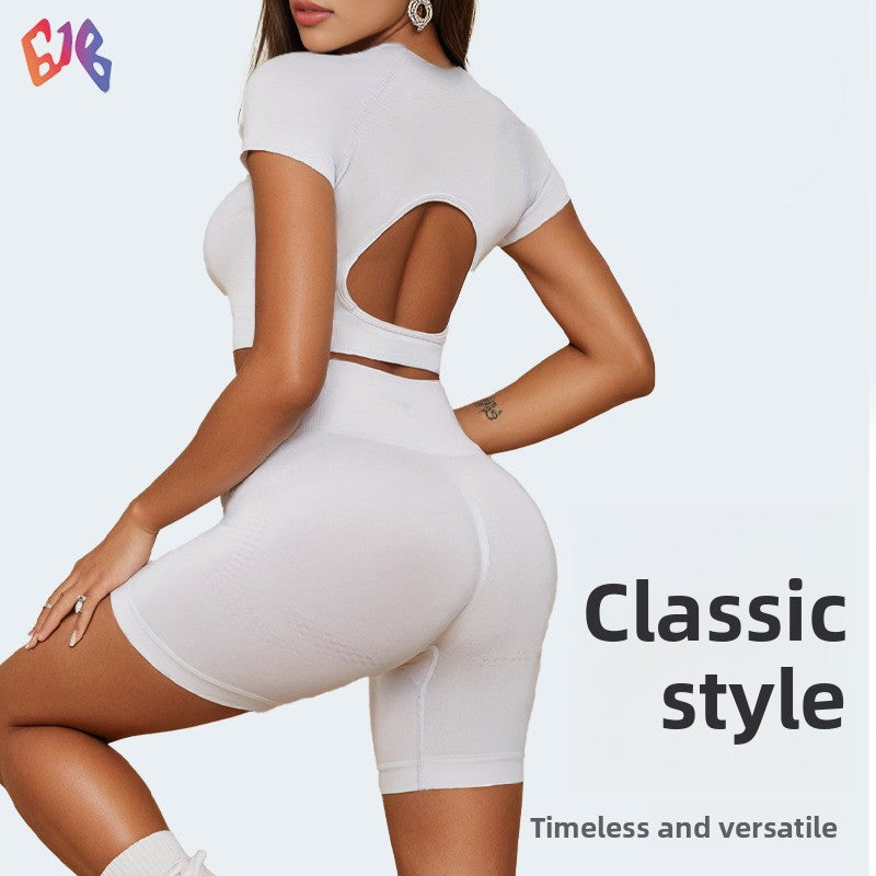 Seamless Knitted Outdoor Sports T-shirt Shorts Yoga Clothes Women's High Elastic Shock-proof Running Fitness Suit