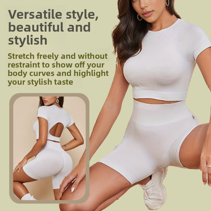Seamless Knitted Outdoor Sports T-shirt Shorts Yoga Clothes Women's High Elastic Shock-proof Running Fitness Suit