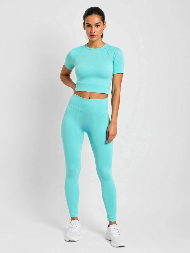 Amazon Sports New Solid Color Sports Yoga Set Summer Pink Yoga Suit Short-sleeved Tight Two-piece Set