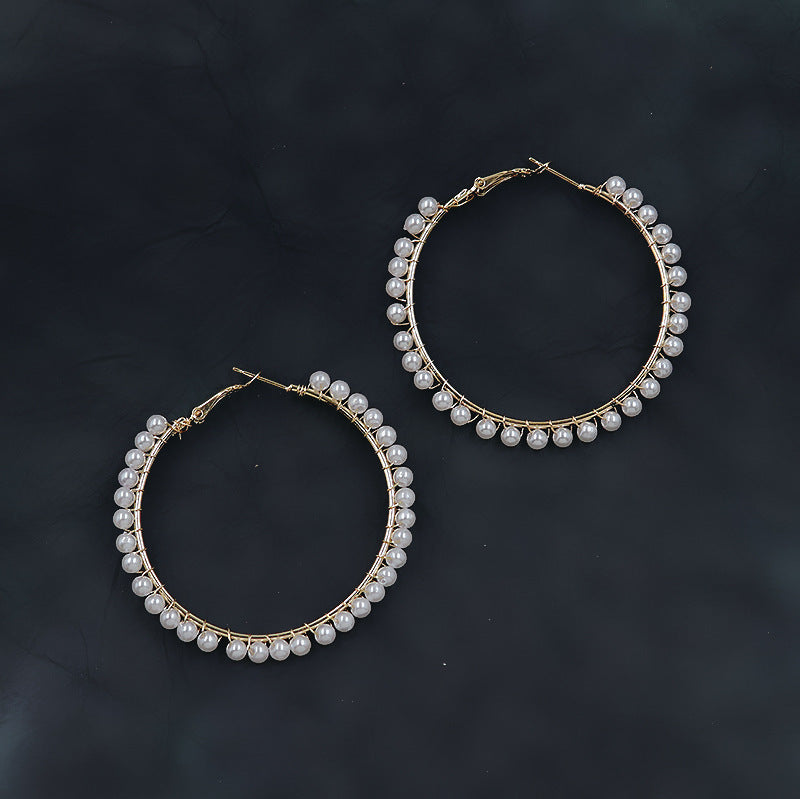 XP17 European and American  Explosion Fashion Geometric Large Circle Earrings Women's Pearl Winding Ear Buckle Exaggerated Temperament Ear