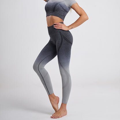 European and American Gradual Change Hanging and Dyeing Seamless Yoga Suit Women's Tight Mesh Sports Quick-drying Short-sleeved Fitness Suit