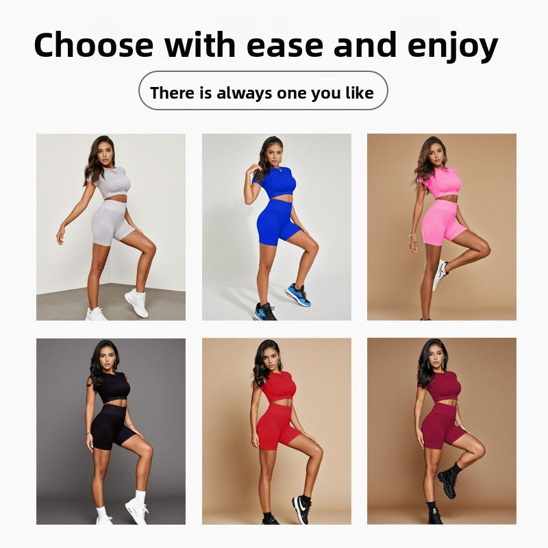 Seamless Knitted Outdoor Sports T-shirt Shorts Yoga Clothes Women's High Elastic Shock-proof Running Fitness Suit