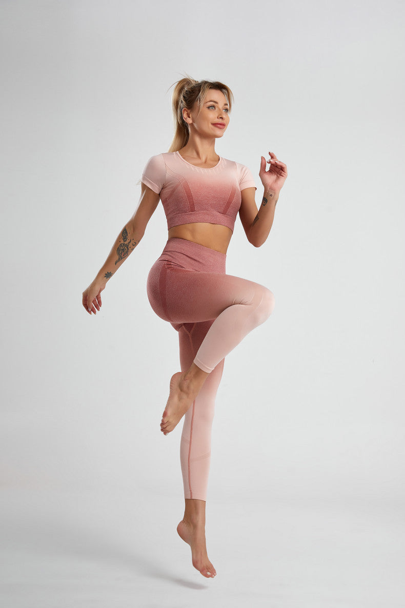 Yoga Clothing Shock-proof Sports Short-sleeved High-waisted Summer Yoga Clothing Suit Women's Summer Sports Suit Women's European and American