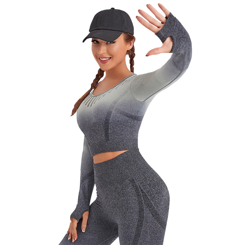 Customized New European and American Seamless Peach Hip Gradual Change Color Sports Suit Long Sleeve Yoga Suit Fitness Clothes Women