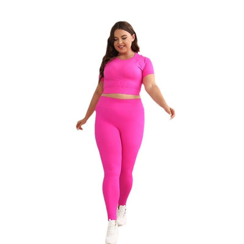 Amazon Sports New Solid Color Sports Yoga Set Summer Pink Yoga Suit Short-sleeved Tight Two-piece Set