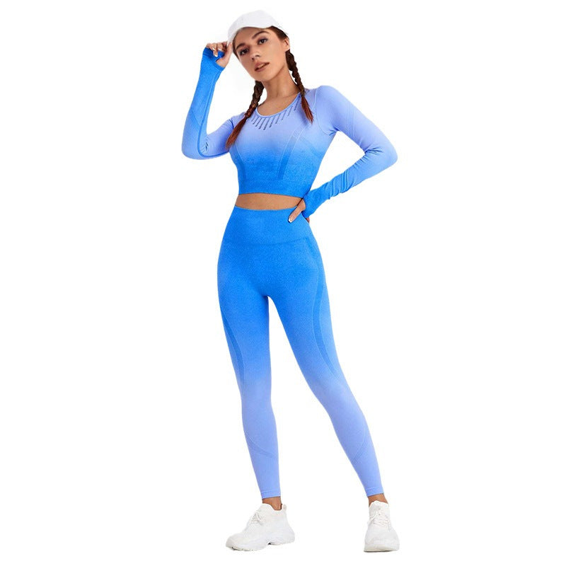 Customized New European and American Seamless Peach Hip Gradual Change Color Sports Suit Long Sleeve Yoga Suit Fitness Clothes Women