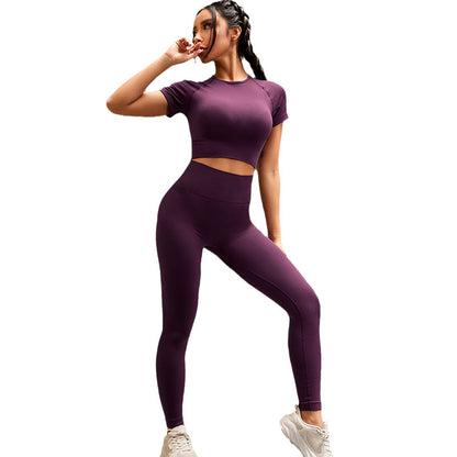 Amazon Sports New Solid Color Sports Yoga Set Summer Pink Yoga Suit Short-sleeved Tight Two-piece Set