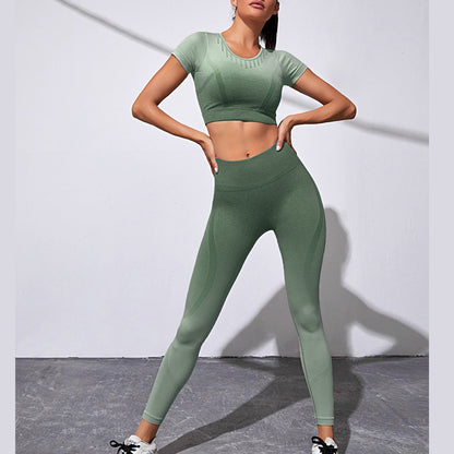 European and American Gradual Change Hanging and Dyeing Seamless Yoga Suit Women's Tight Mesh Sports Quick-drying Short-sleeved Fitness Suit