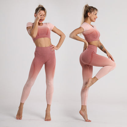 Yoga Clothes Shockproof Sports Short Sleeves High Waist Gradual Change Fitness Clothes Set Girls Summer Hip Lift Women Shapewear