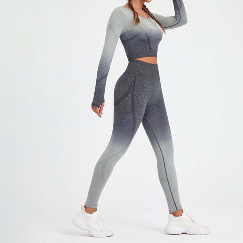 New European and American Spot Hot-selling Seamless Peach Hip Gradual Change Color Sports Suit Long Sleeve Yoga Suit Fitness Clothes Women