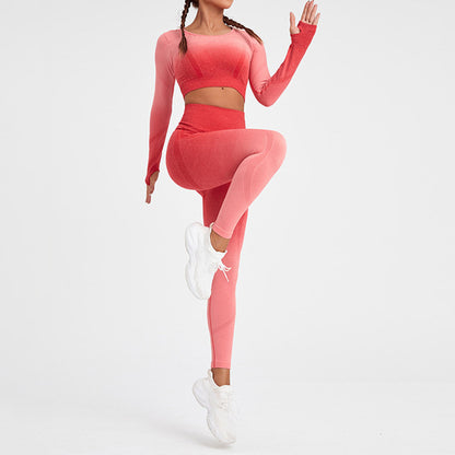 New European and American Spot Hot-selling Seamless Peach Hip Gradual Change Color Sports Suit Long Sleeve Yoga Suit Fitness Clothes Women