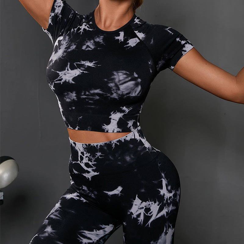 Popular Yoga Clothes Set Wholesale Seamless Tie-dye Yoga Clothes Set Lulu Same Fitness Running Short Sleeves
