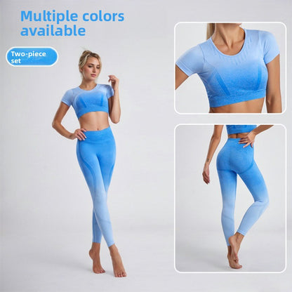 Yoga Clothes Shockproof Sports Short Sleeves High Waist Gradual Change Fitness Clothes Set Girls Summer Hip Lift Women Shapewear