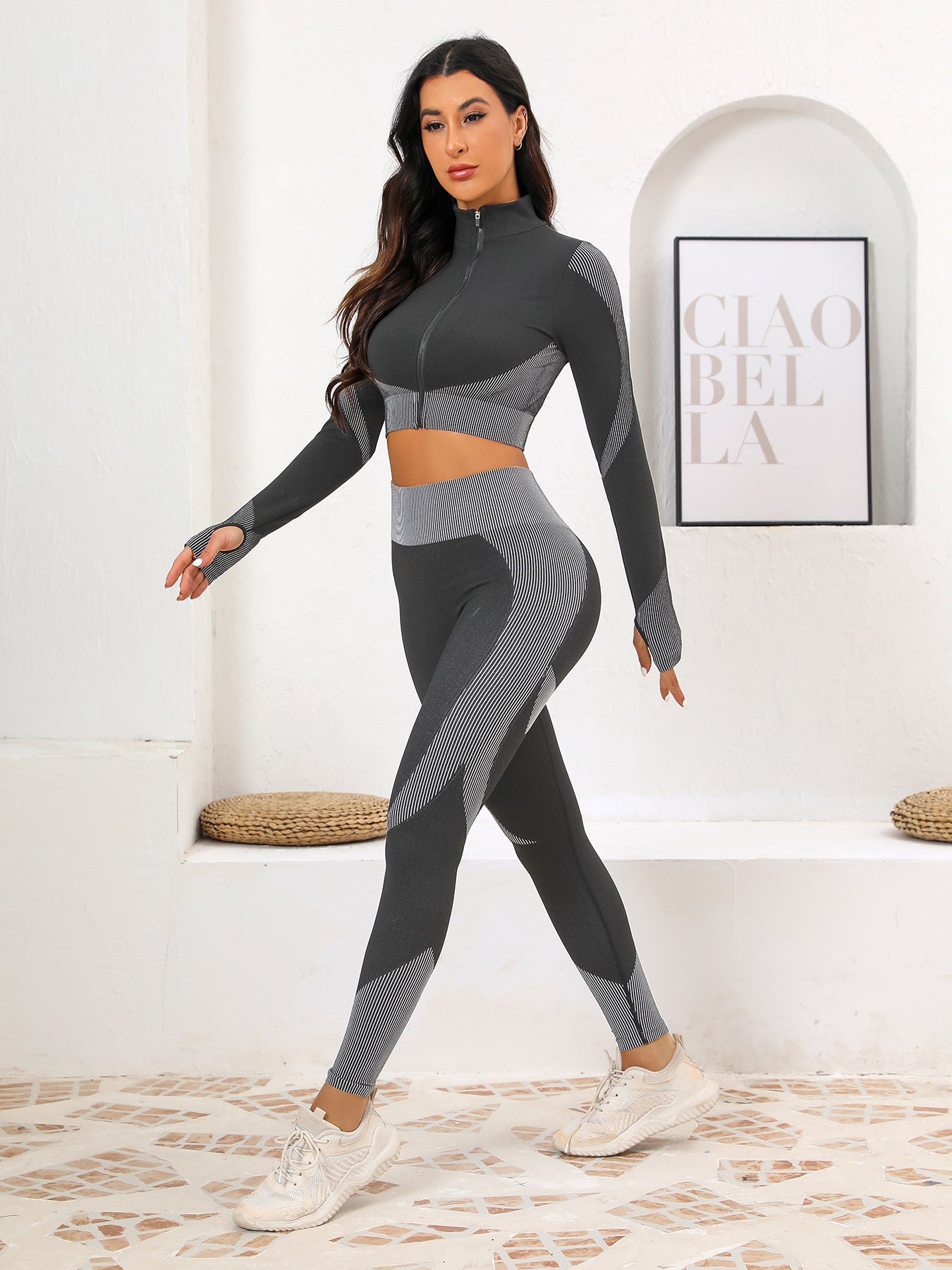 Popular Yoga Suit Set Long Sleeves Trousers Tight Nude Yoga Suit