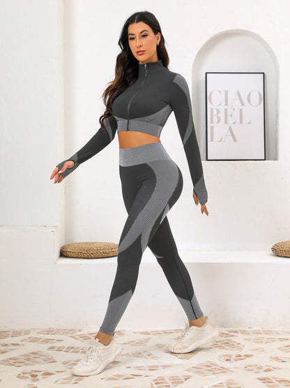 Popular Yoga Suit Set Long Sleeves Trousers Tight Nude Yoga Suit