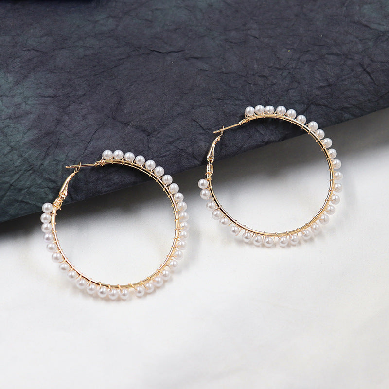 XP17 European and American  Explosion Fashion Geometric Large Circle Earrings Women's Pearl Winding Ear Buckle Exaggerated Temperament Ear