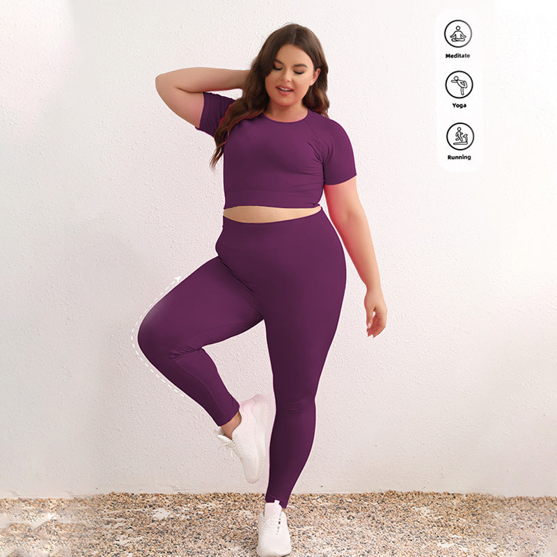 Amazon Sports New Solid Color Sports Yoga Set Summer Pink Yoga Suit Short-sleeved Tight Two-piece Set