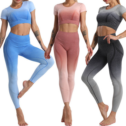 European and American Gradual Change Hanging and Dyeing Seamless Yoga Suit Women's Tight Mesh Sports Quick-drying Short-sleeved Fitness Suit