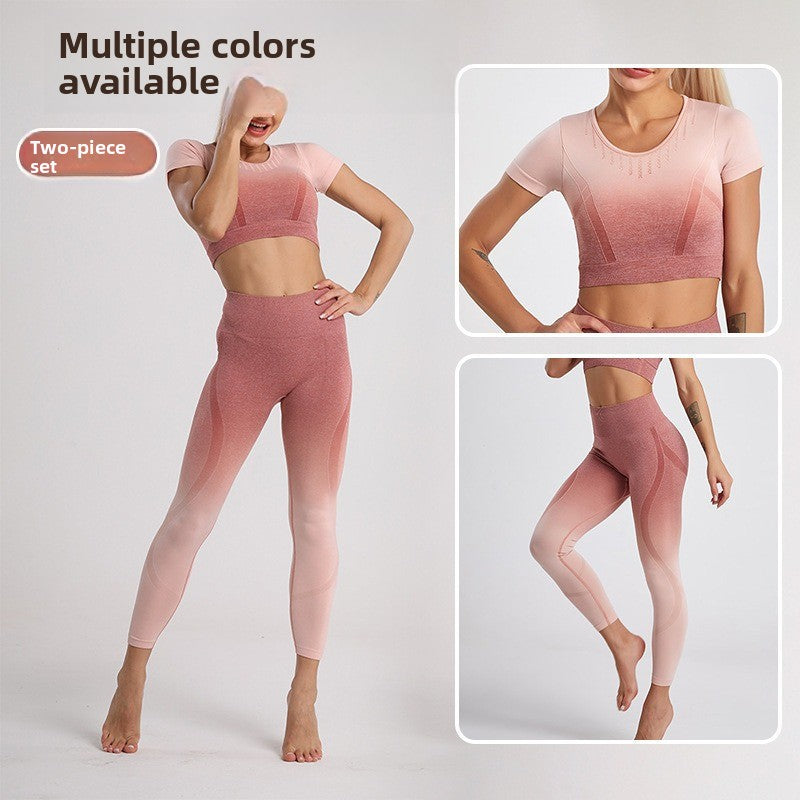 Yoga Clothes Shockproof Sports Short Sleeves High Waist Gradual Change Fitness Clothes Set Girls Summer Hip Lift Women Shapewear