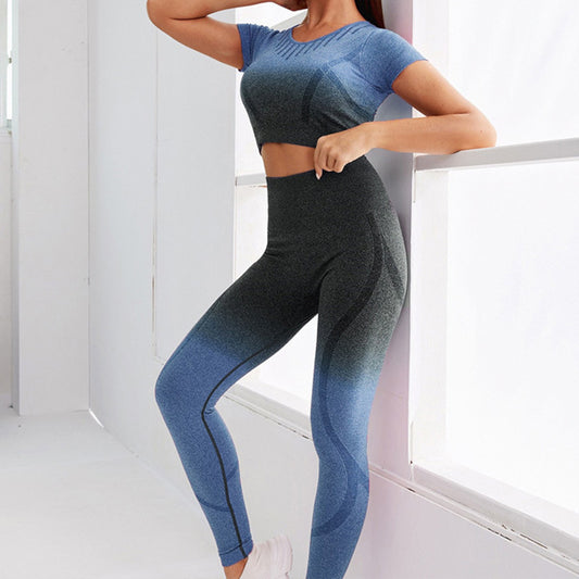 European and American Gradual Change Hanging and Dyeing Seamless Yoga Suit Women's Tight Mesh Sports Quick-drying Short-sleeved Fitness Suit