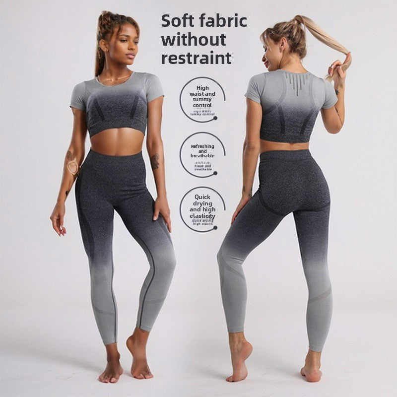 Yoga Clothes Shockproof Sports Short Sleeves High Waist Gradual Change Fitness Clothes Set Girls Summer Hip Lift Women Shapewear