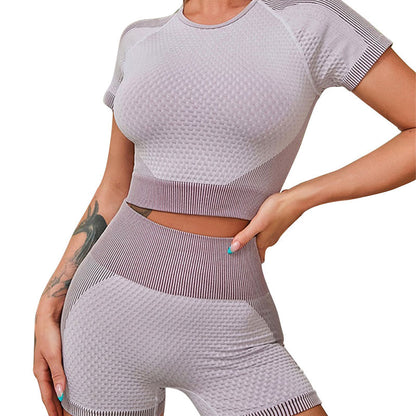 New Amazon Quick-Drying Yoga Suit Running Sports Short Sleeve Two-piece Set High Waist Seamless Fitness Shorts Women