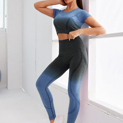 European and American Gradual Change Hanging and Dyeing Seamless Yoga Suit Women's Tight Mesh Sports Quick-drying Short-sleeved Fitness Suit