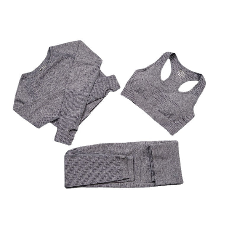 2025 European and American Seamless Knitted Sports Yoga Suit Set Women's Quick-drying Long Sleeve Tight Dot Three-piece Set