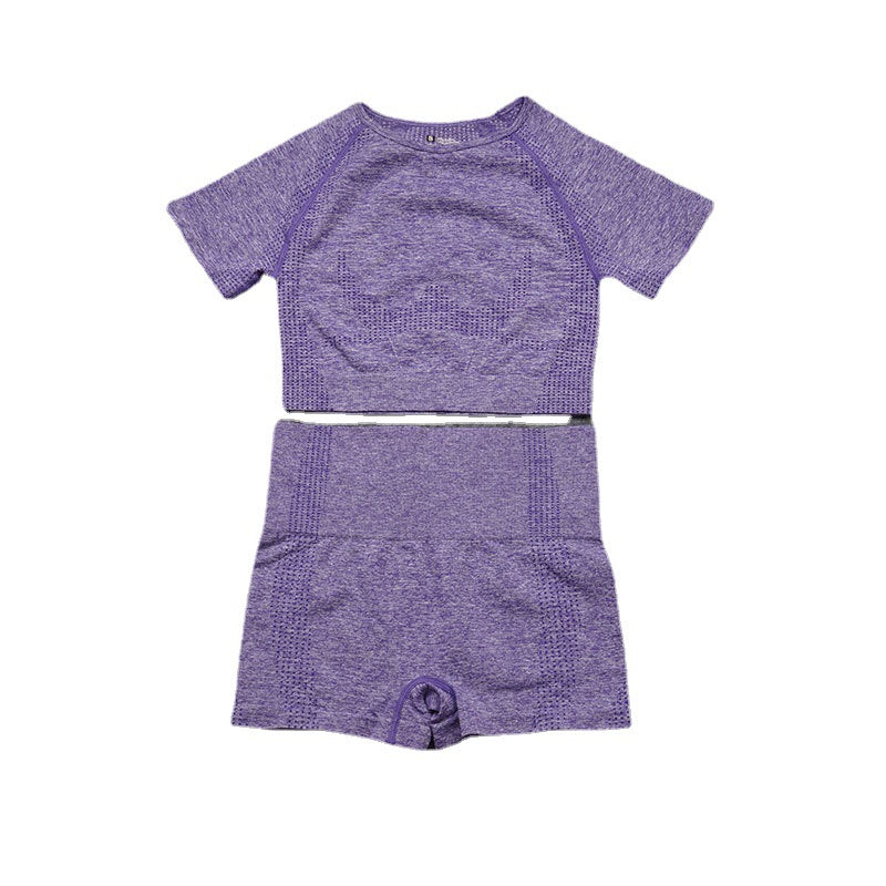 European and American Seamless Knitted Sports Yoga Suit Women's Quick-drying Short-sleeved Shorts Tight Two-piece Set Women's Spot