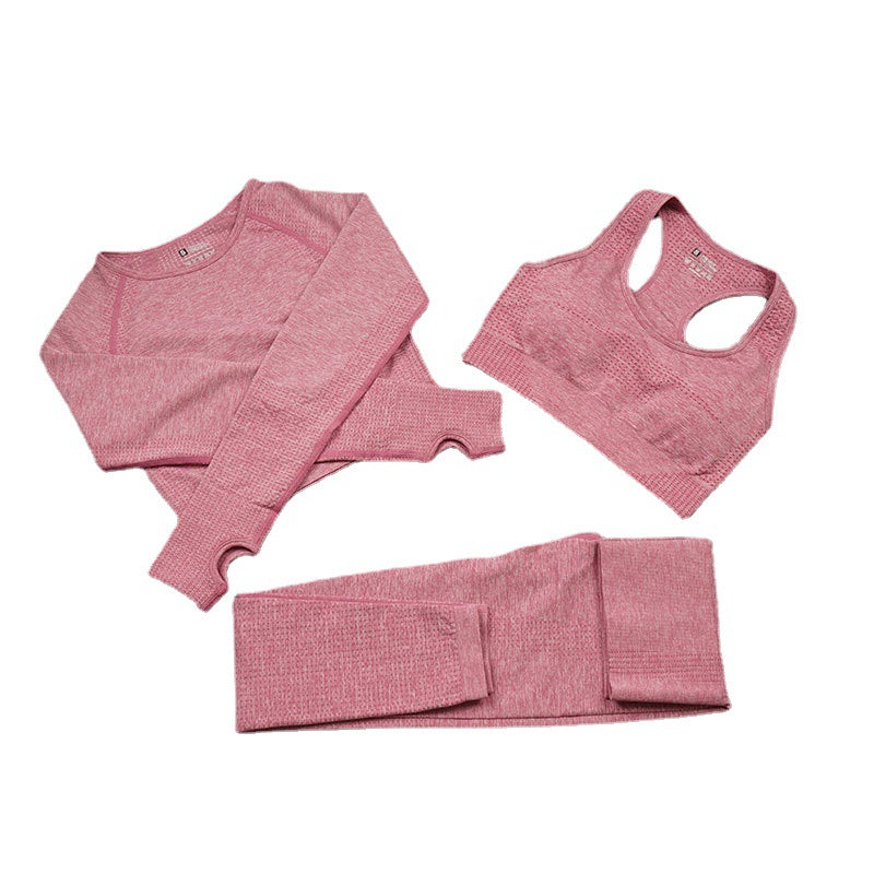 2025 European and American Seamless Knitted Sports Yoga Suit Set Women's Quick-drying Long Sleeve Tight Dot Three-piece Set